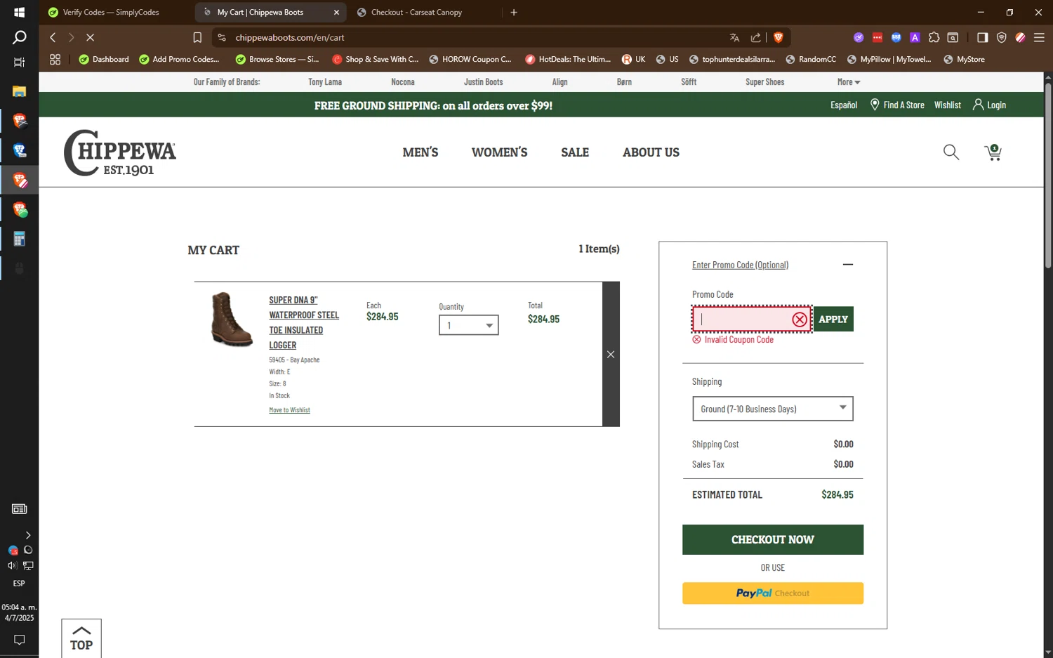 Chippewa Boots promo code screenshot showing code JULY2025 applied at Chippewa Boots checkout page. Uploaded by SimplyCodes community member IronMind4607 on Jul 4, 2025