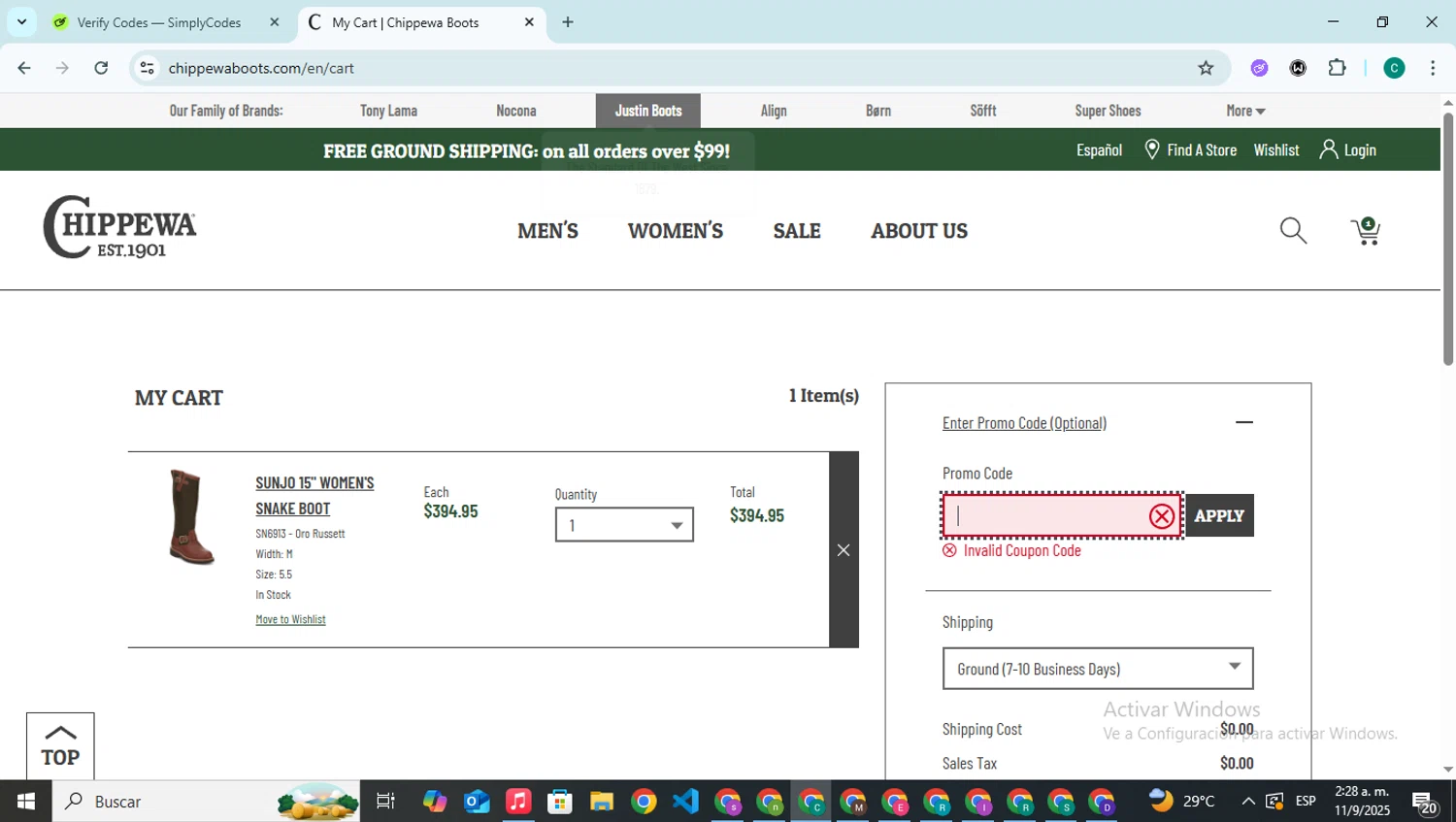 Chippewa Boots promo code screenshot showing code LD2025 applied at Chippewa Boots checkout page. Uploaded by SimplyCodes community member BonusPilot927 on Sep 11, 2025