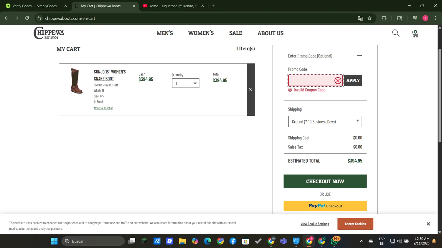 Chippewa Boots promo code screenshot showing code LD2025 applied at Chippewa Boots checkout page. Uploaded by SimplyCodes community member MightyGuardian8404 on Sep 11, 2025