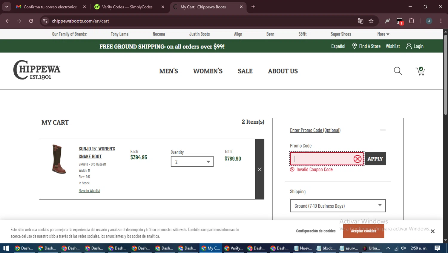 Chippewa Boots promo code screenshot showing code LD2025 applied at Chippewa Boots checkout page. Uploaded by SimplyCodes community member ScanLynx8928 on Sep 11, 2025