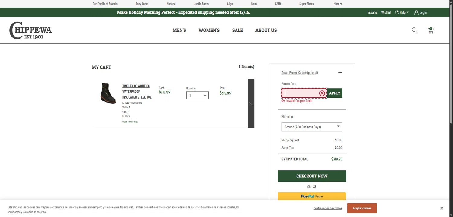 Chippewa Boots promo code screenshot showing code BF2025 applied at Chippewa Boots checkout page. Uploaded by SimplyCodes community member CleverWizard6538 on Dec 7, 2025