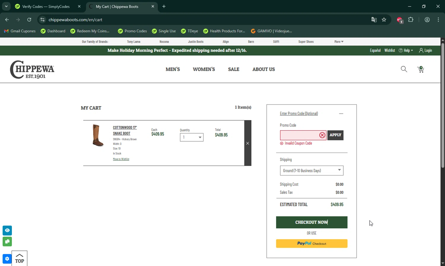 Chippewa Boots promo code screenshot showing code BF2025 applied at Chippewa Boots checkout page. Uploaded by SimplyCodes community member LHaunter on Dec 6, 2025
