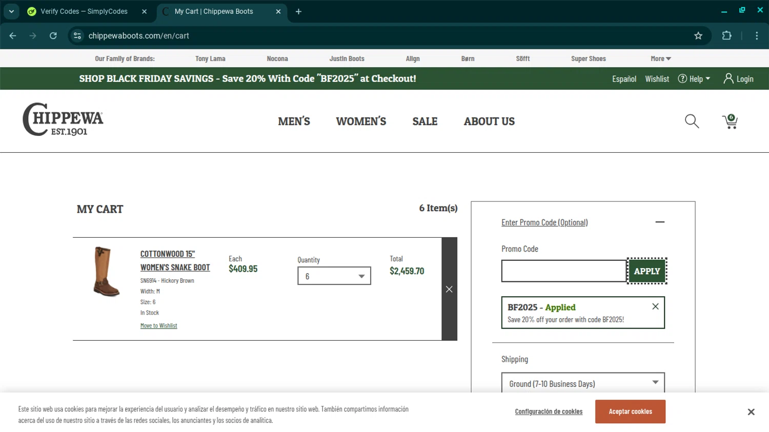 Chippewa Boots checkout page showing Chippewa Boots promo code box | Screenshot taken by SimplyCodes community member on Nov 21, 2025