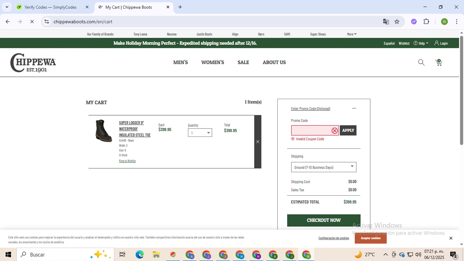 Chippewa Boots promo code screenshot showing code BF2025 applied at Chippewa Boots checkout page. Uploaded by SimplyCodes community member TokenMaverick6956 on Dec 6, 2025