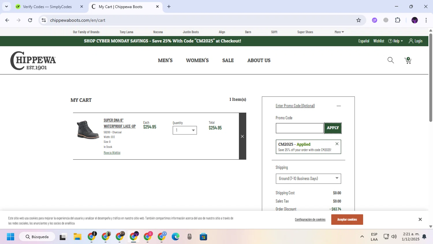 Chippewa Boots promo code screenshot showing code CM2025 applied at Chippewa Boots checkout page. Uploaded by SimplyCodes community member GloriousGuardian9063 on Dec 1, 2025