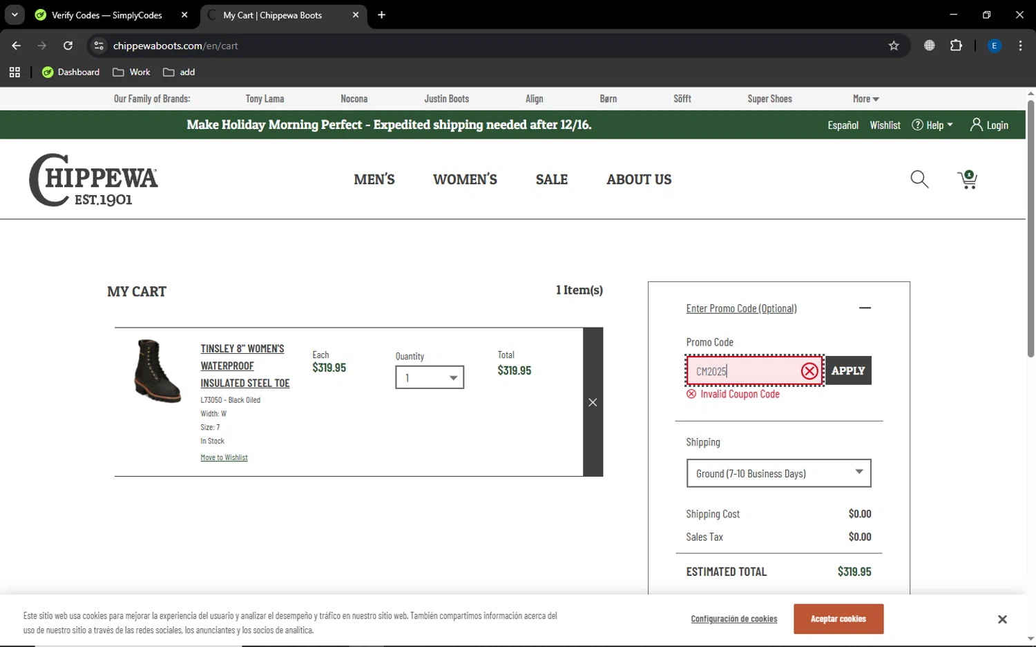 Chippewa Boots promo code screenshot showing code CM2025 applied at Chippewa Boots checkout page. Uploaded by SimplyCodes community member MoneyGenius452 on Dec 3, 2025