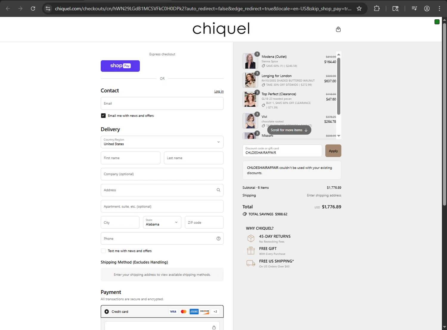 Chiquel discount code screenshot showing code CHLOESHAIRAFFAIR applied at Chiquel checkout page. Uploaded by SimplyCodes community member megagei on Aug 23, 2025