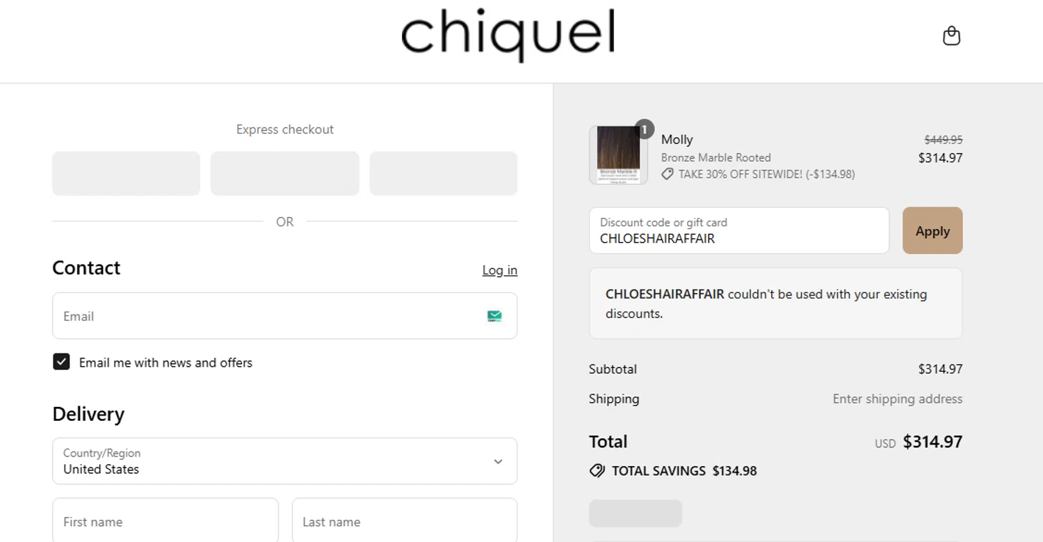 Chiquel discount code screenshot showing code CHLOESHAIRAFFAIR applied at Chiquel checkout page. Uploaded by SimplyCodes community member Juanls04 on Jul 20, 2025