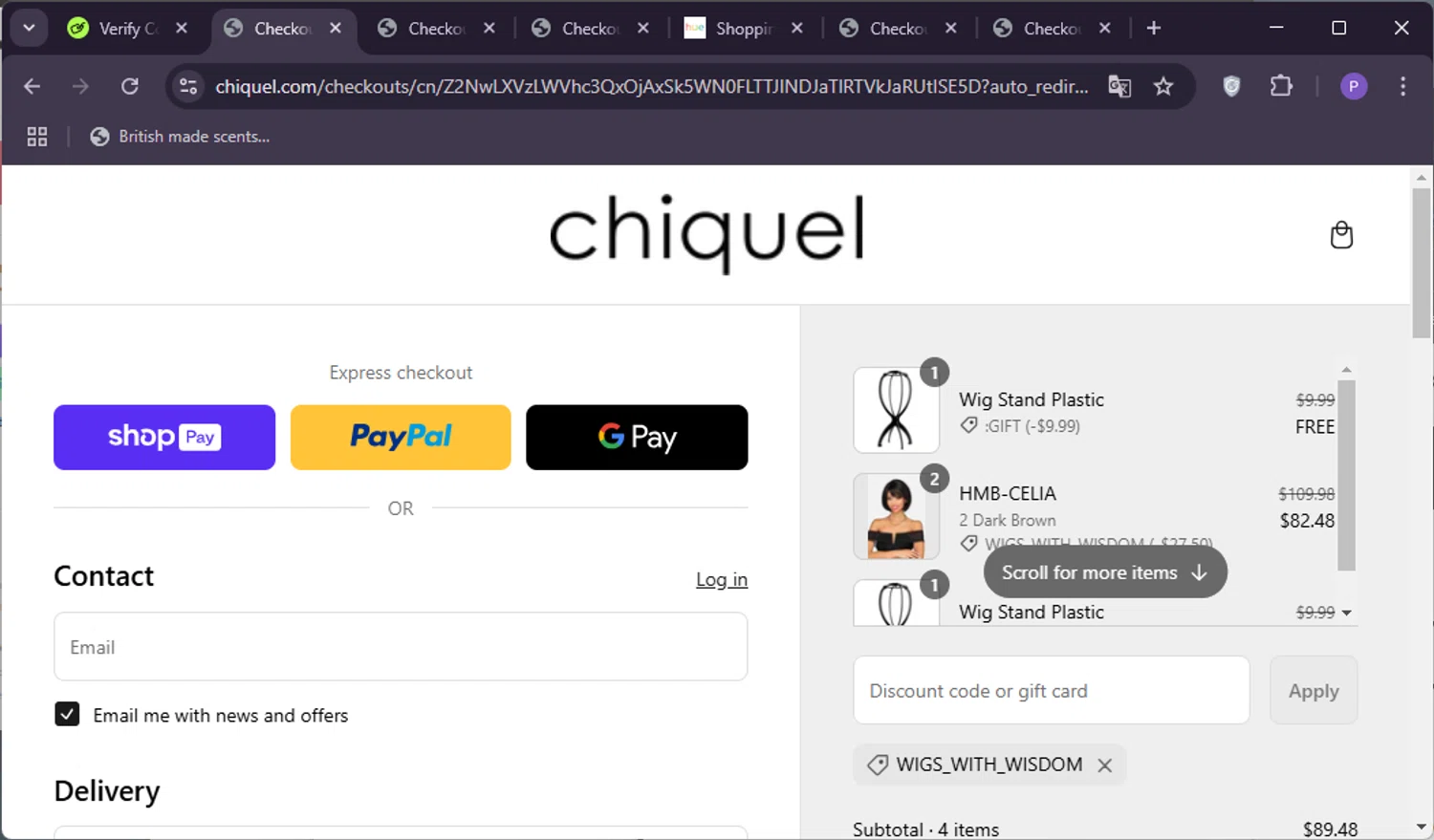 Chiquel discount code screenshot showing code WIGS_WITH_WISDOM applied at Chiquel checkout page. Uploaded by SimplyCodes community member TreasureMaestro5377 on Mar 8, 2025