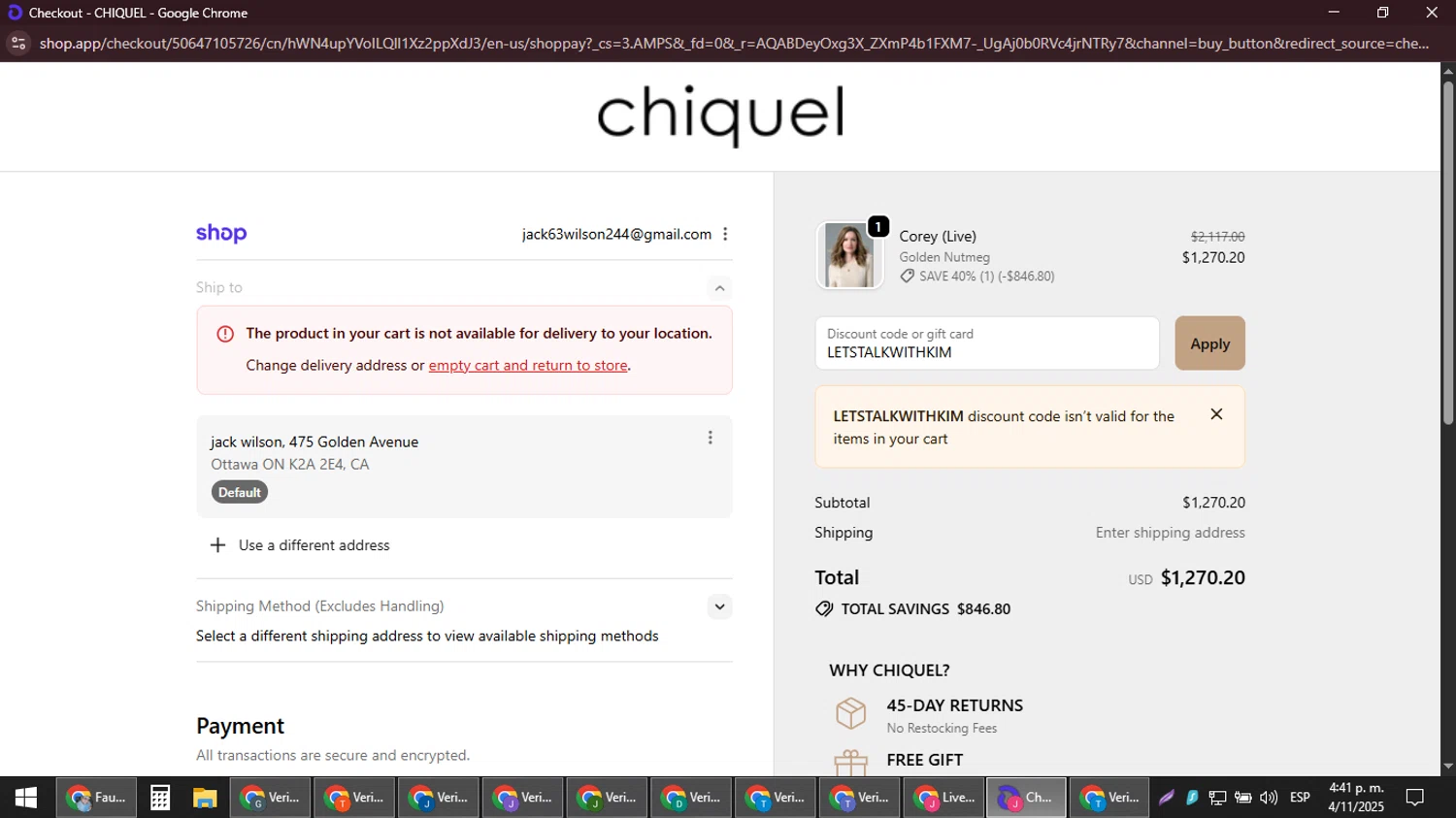 Chiquel discount code screenshot showing code LETSTALKWITHKIM applied at Chiquel checkout page. Uploaded by SimplyCodes community member JackWilson63 on Nov 4, 2025