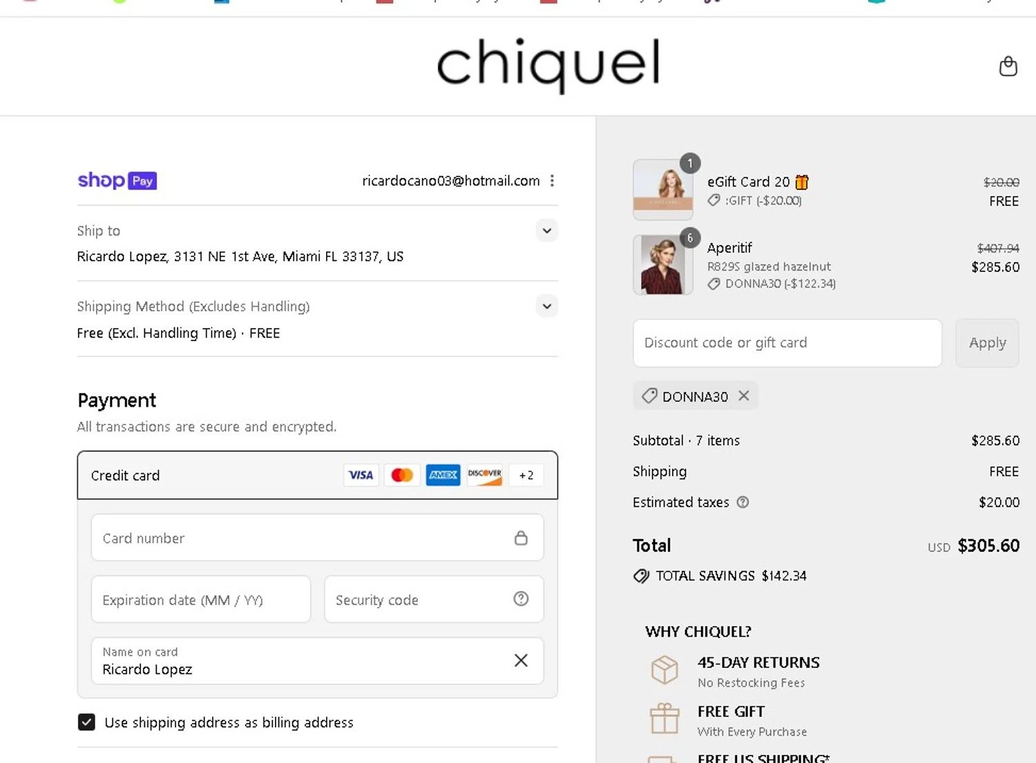Chiquel discount code screenshot showing code DONNA30 applied at Chiquel checkout page. Uploaded by SimplyCodes community member LAMINEJAMAL on Jul 28, 2025