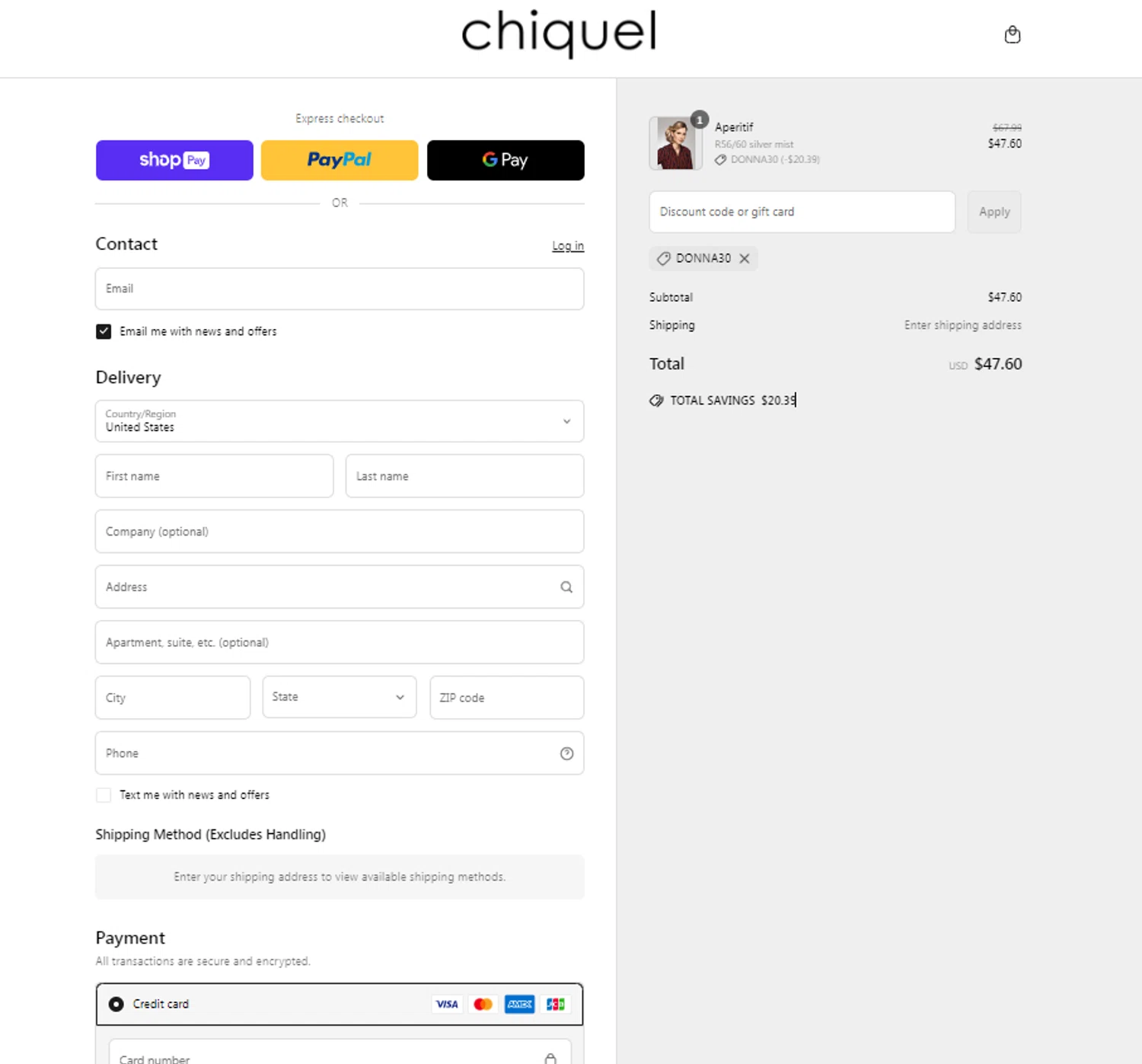 Chiquel discount code screenshot showing code DONNA30 applied at Chiquel checkout page. Uploaded by SimplyCodes community member Noah19 on Mar 25, 2025