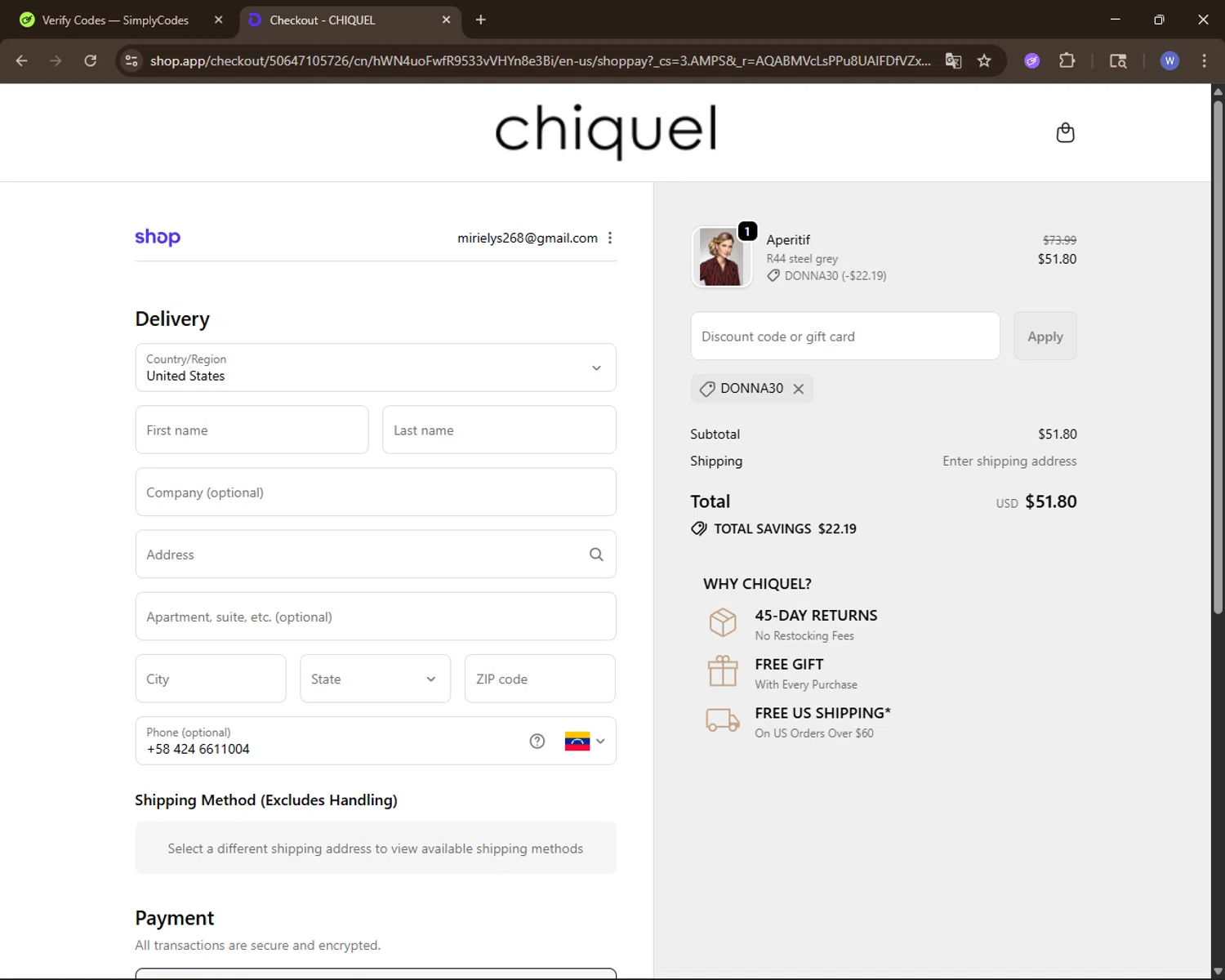 Chiquel discount code screenshot showing code DONNA30 applied at Chiquel checkout page. Uploaded by SimplyCodes community member VoucherElite7352 on Nov 4, 2025