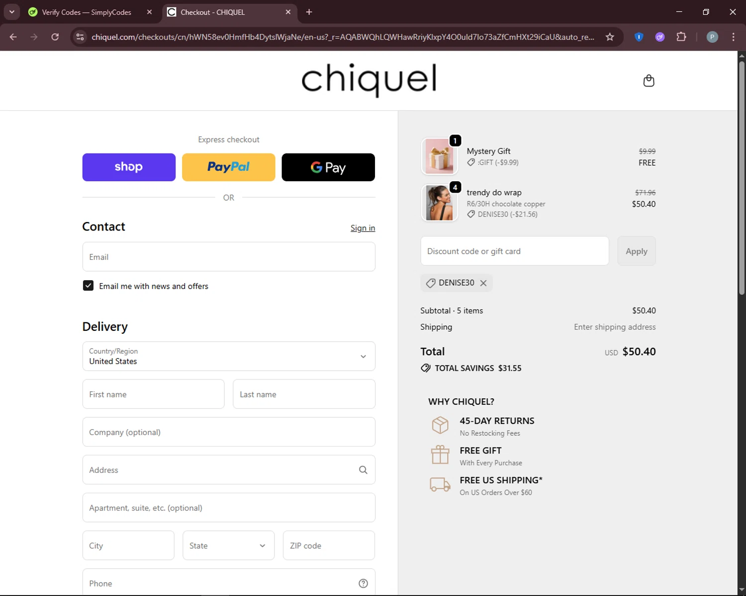Chiquel discount code screenshot showing code DENISE30 applied at Chiquel checkout page. Uploaded by SimplyCodes community member DiscountEagle6247 on Nov 10, 2025