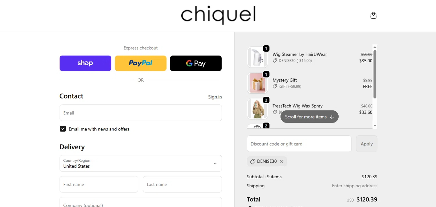 Chiquel discount code screenshot showing code DENISE30 applied at Chiquel checkout page. Uploaded by SimplyCodes community member MagnificentCurator5441 on Oct 15, 2025