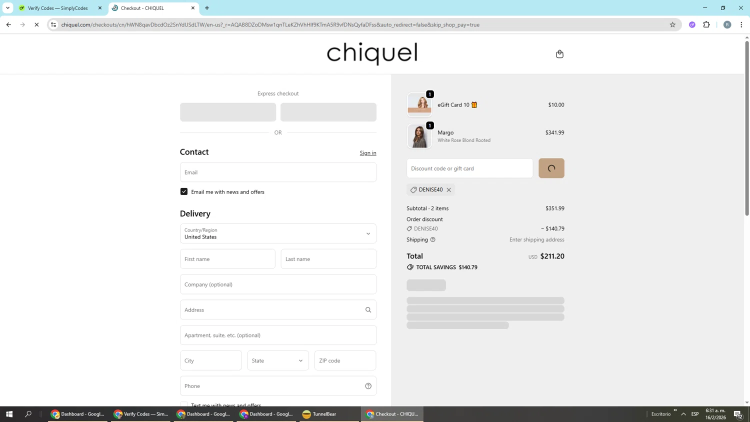 Chiquel checkout page showing Chiquel discount code box | Screenshot taken by SimplyCodes community member on Feb 16, 2026