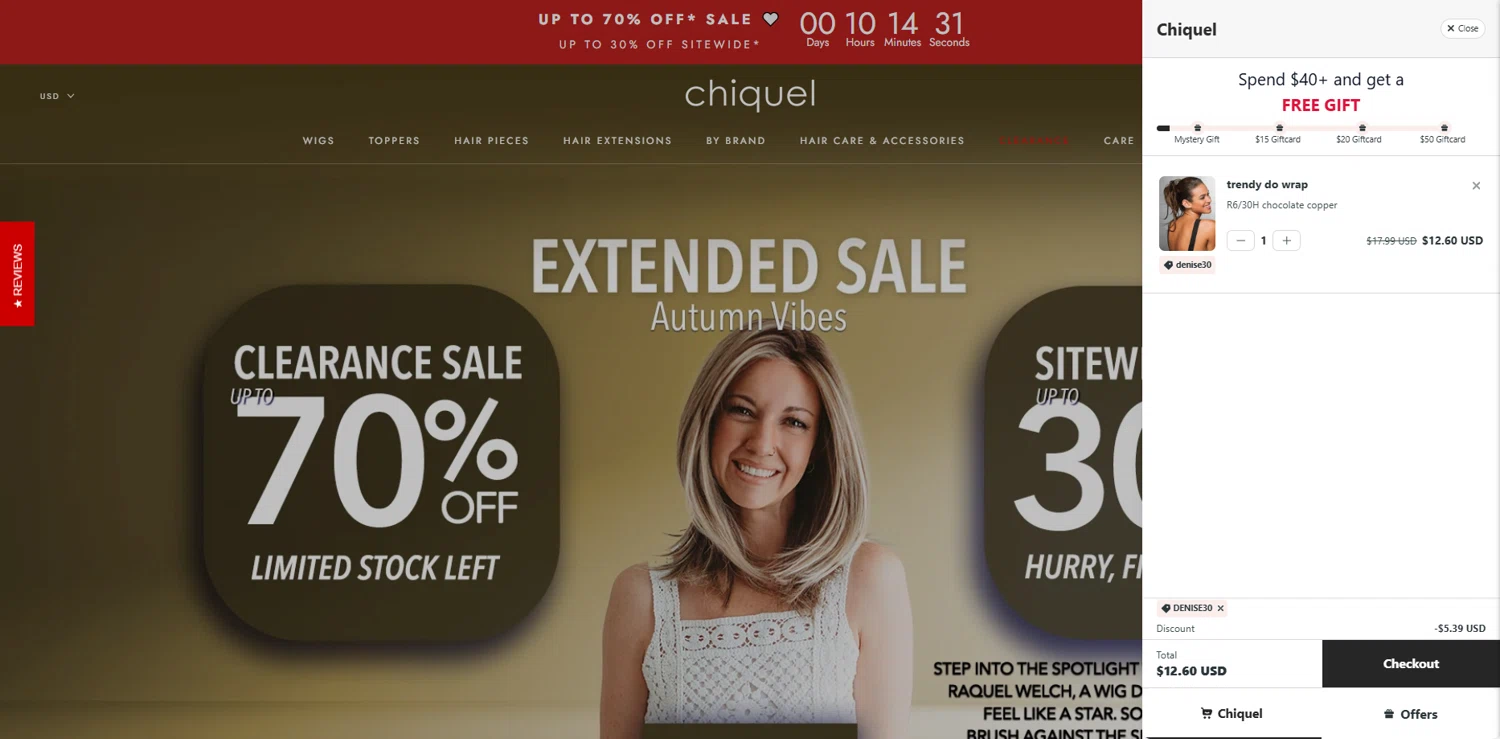 Chiquel discount code screenshot showing code DENISE30 applied at Chiquel checkout page. Uploaded by SimplyCodes community member Dorothy on Sep 15, 2025
