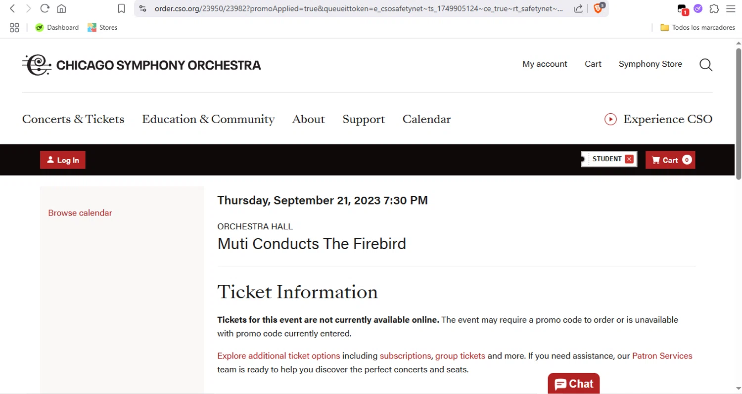 Chicago Symphony Orchestra promo code screenshot showing code STUDENT applied at Chicago Symphony Orchestra checkout page. Uploaded by SimplyCodes community member LegendaryTitan9160 on Jun 14, 2025