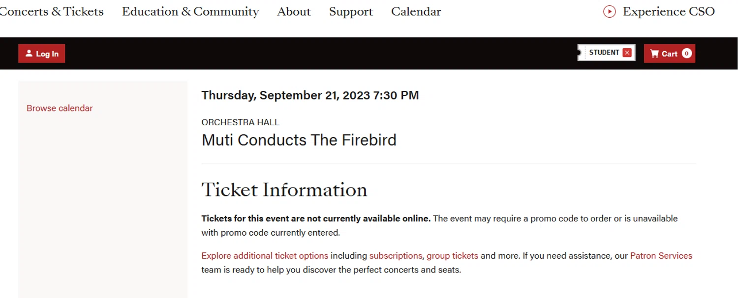 Chicago Symphony Orchestra promo code screenshot showing code STUDENT applied at Chicago Symphony Orchestra checkout page. Uploaded by SimplyCodes community member MoneyFalcon5538 on Jun 21, 2025