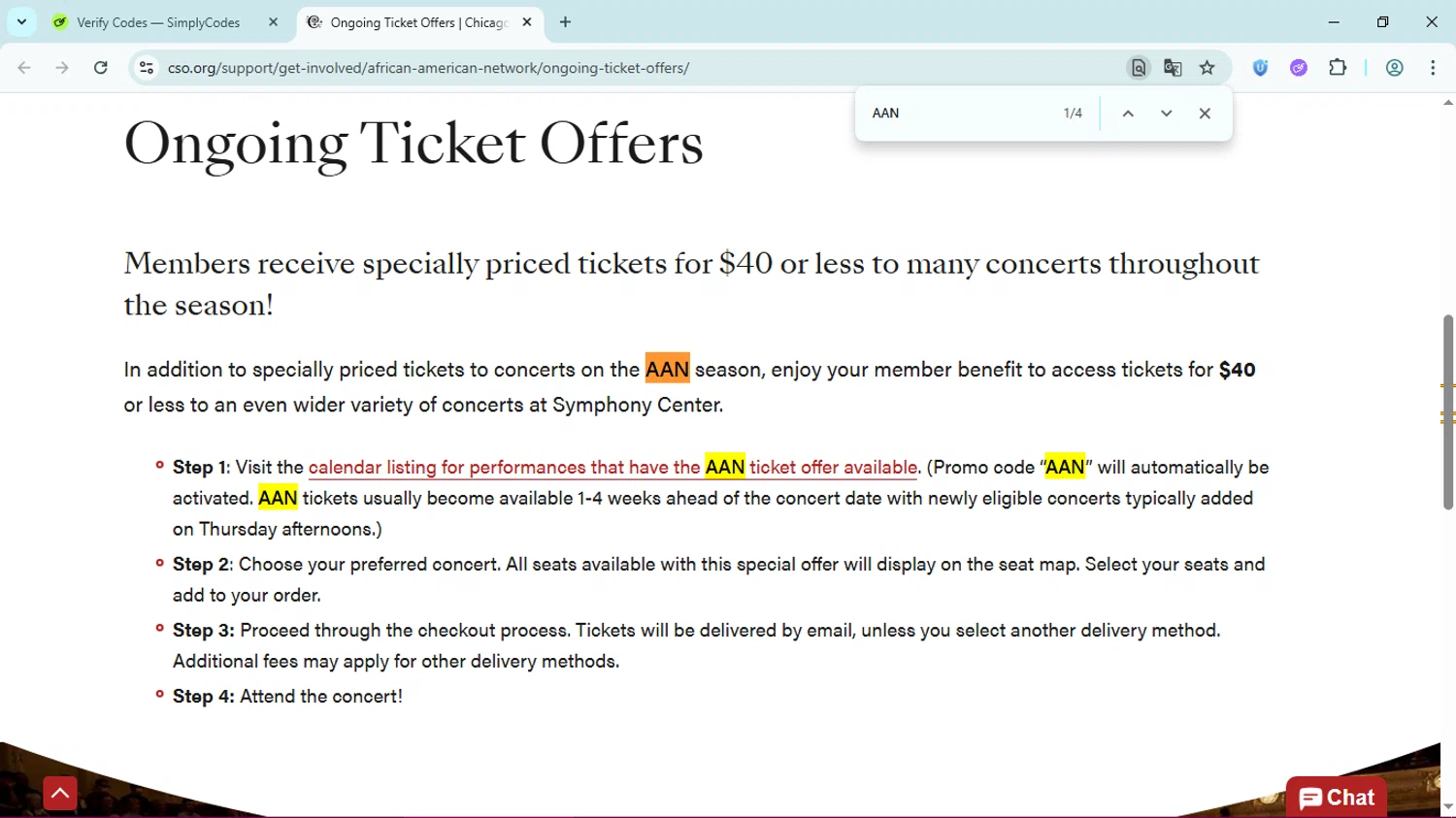 Chicago Symphony Orchestra promo code screenshot showing code AAN applied at Chicago Symphony Orchestra checkout page. Uploaded by SimplyCodes community member Simpsince95 on Jun 24, 2025