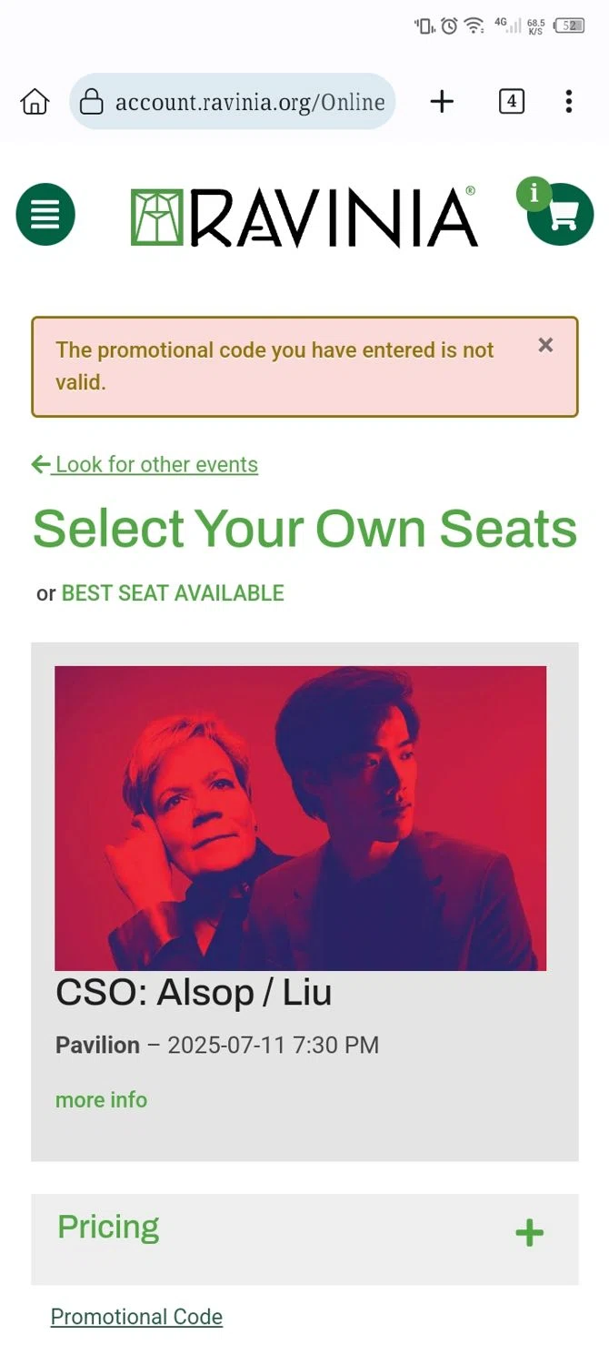 Chicago Symphony Orchestra promo code screenshot showing code LASEASON applied at Chicago Symphony Orchestra checkout page. Uploaded by SimplyCodes community member Diego_Soto on Jul 4, 2025