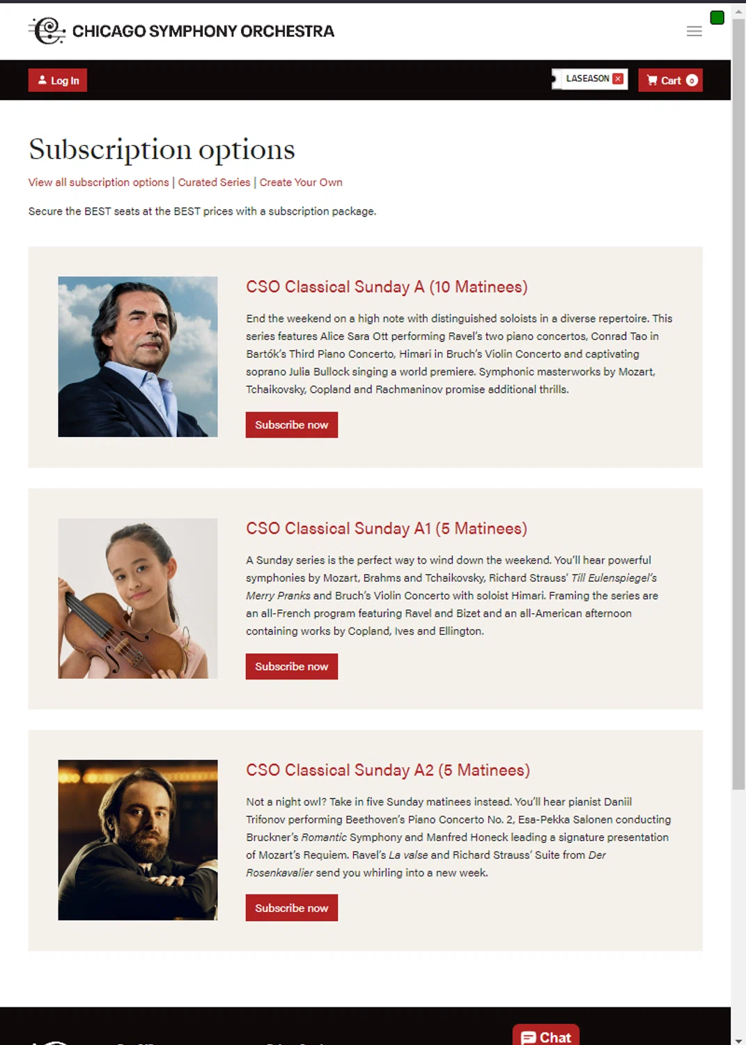 Chicago Symphony Orchestra promo code screenshot showing code LASEASON applied at Chicago Symphony Orchestra checkout page. Uploaded by SimplyCodes community member Scrooge on Apr 8, 2025