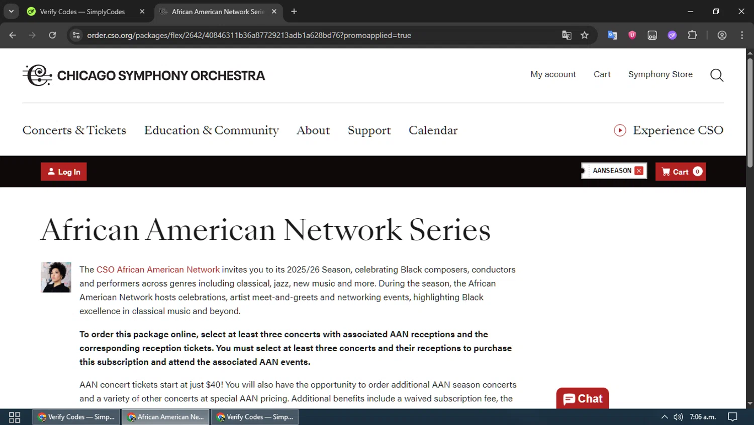 Chicago Symphony Orchestra promo code screenshot showing code AANSEASON applied at Chicago Symphony Orchestra checkout page. Uploaded by SimplyCodes community member MoneyPioneer4925 on Oct 18, 2025