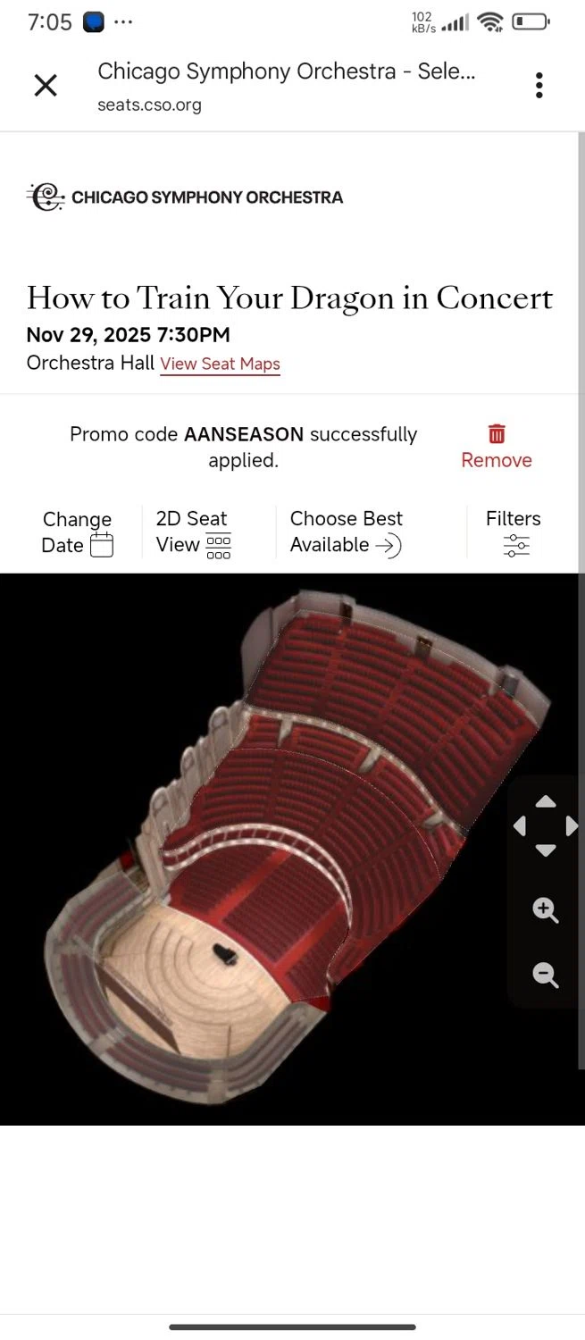 Chicago Symphony Orchestra promo code screenshot showing code AANSEASON applied at Chicago Symphony Orchestra checkout page. Uploaded by SimplyCodes community member SilverMaven7655 on Nov 16, 2025