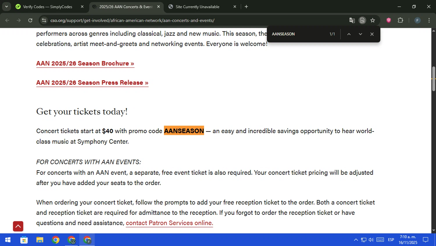 Chicago Symphony Orchestra promo code screenshot showing code AANSEASON applied at Chicago Symphony Orchestra checkout page. Uploaded by SimplyCodes community member pajarito on Nov 16, 2025