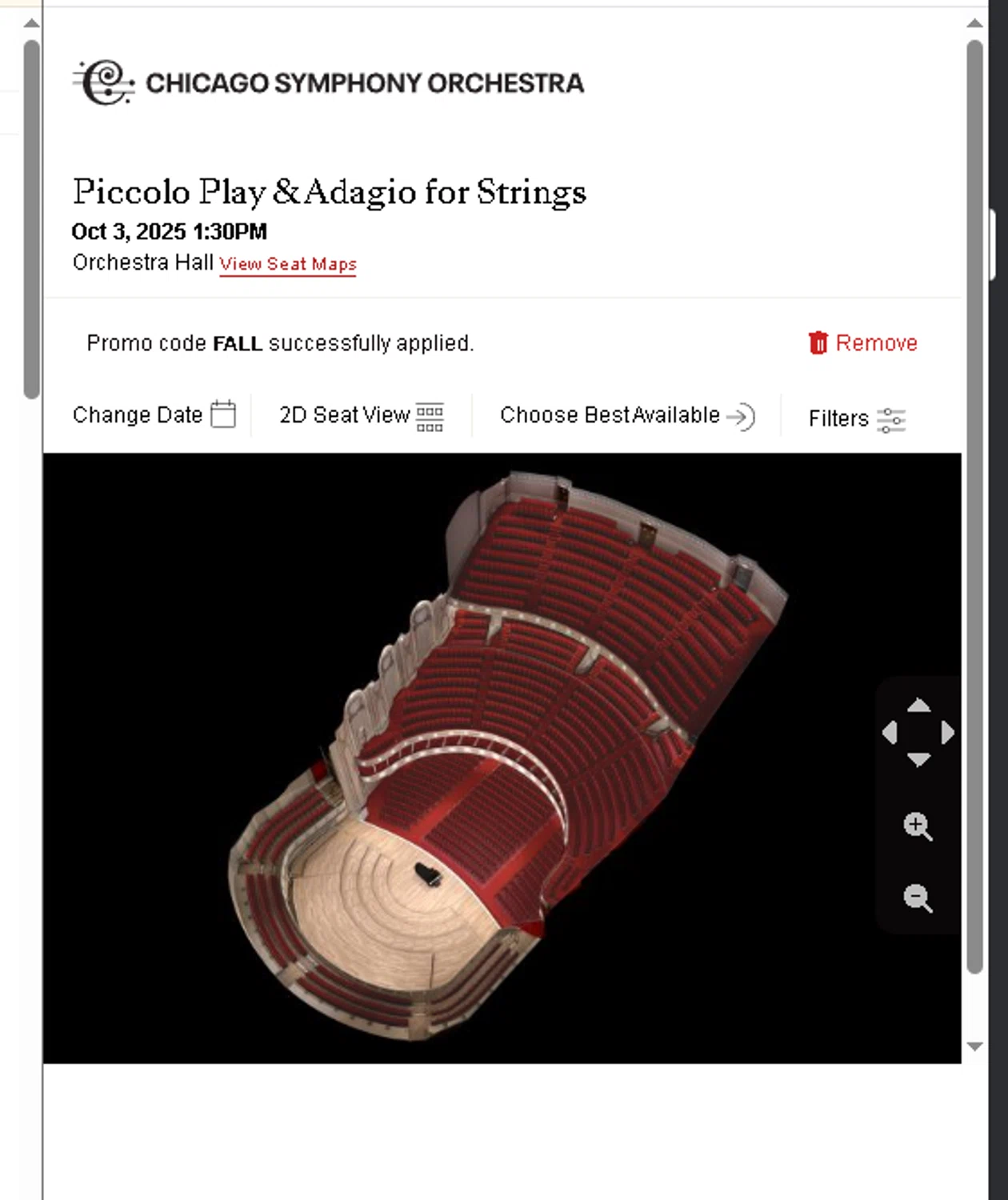 Chicago Symphony Orchestra checkout page showing Chicago Symphony Orchestra promo code box | Screenshot taken by SimplyCodes community member on Oct 2, 2025