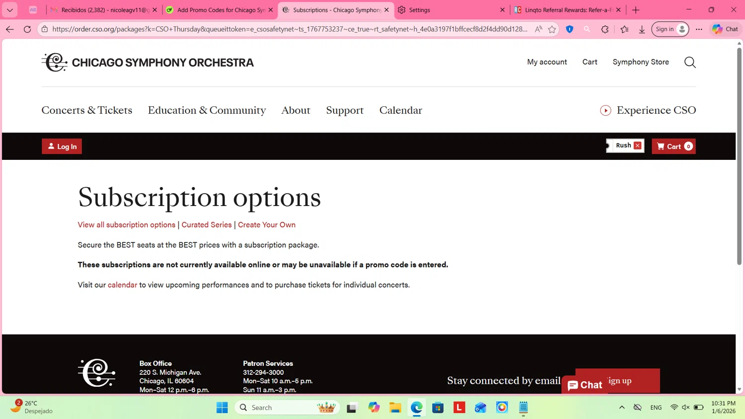Chicago Symphony Orchestra promo code screenshot showing code RUSH applied at Chicago Symphony Orchestra checkout page. Uploaded by SimplyCodes community member cosita on Jan 7, 2026