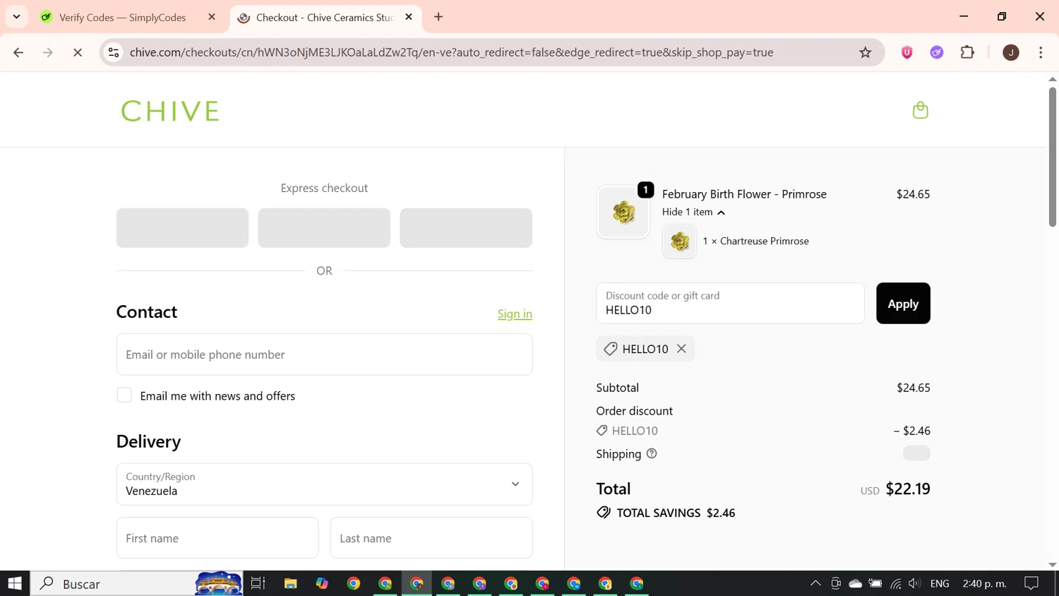 Chive promo code screenshot showing code HELLO10 applied at Chive checkout page. Uploaded by SimplyCodes community member PrimeGenius2371 on Oct 6, 2025
