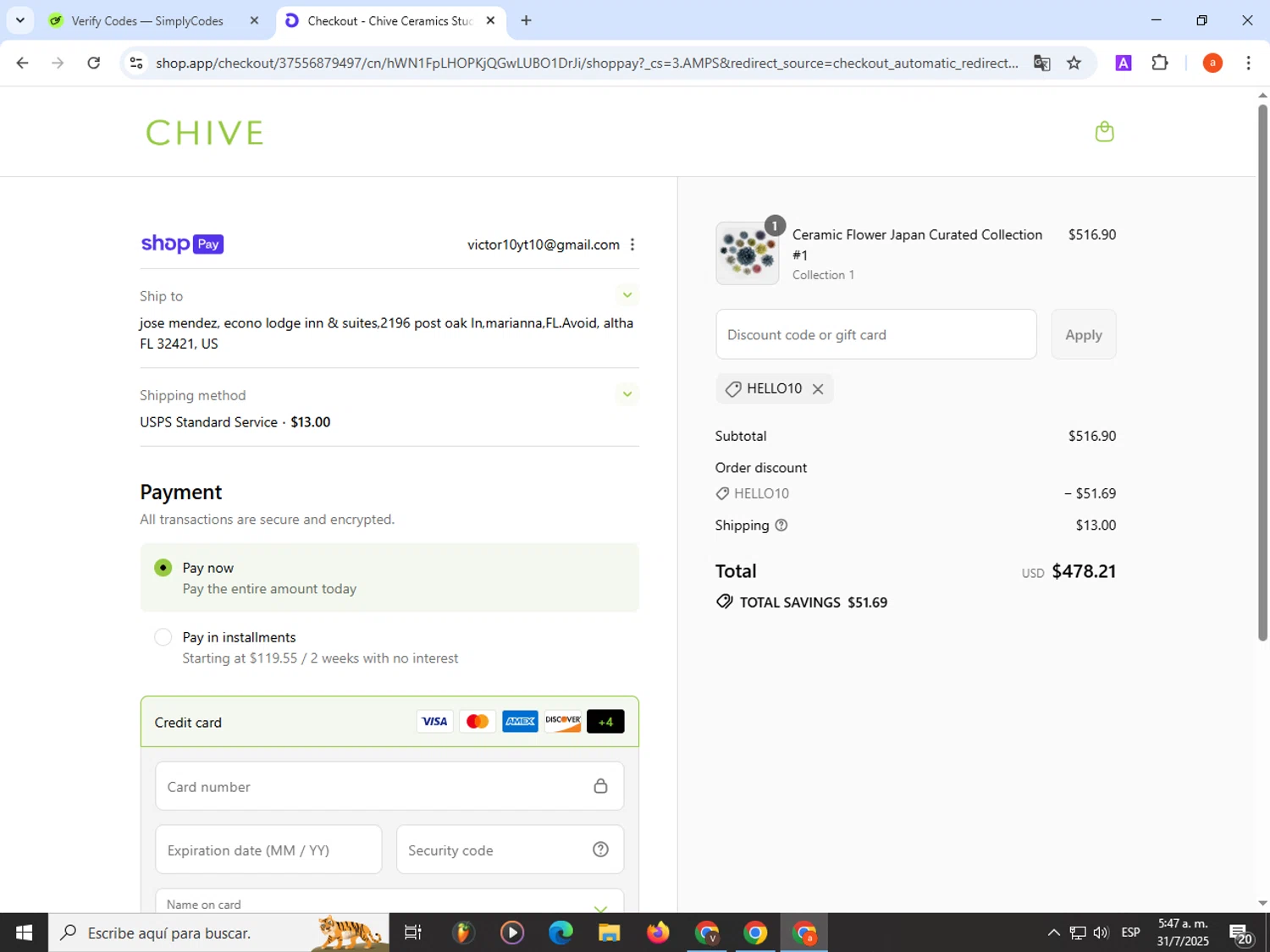 Chive promo code screenshot showing code HELLO10 applied at Chive checkout page. Uploaded by SimplyCodes community member partenalgas on Jul 31, 2025