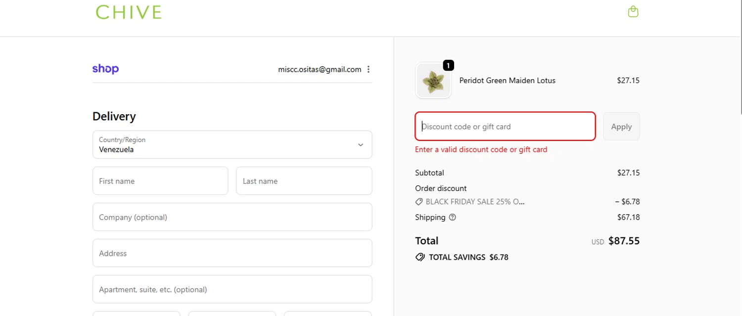 Chive promo code screenshot showing code CHECKOUT applied at Chive checkout page. Uploaded by SimplyCodes community member BrilliantFalcon6936 on Nov 19, 2025