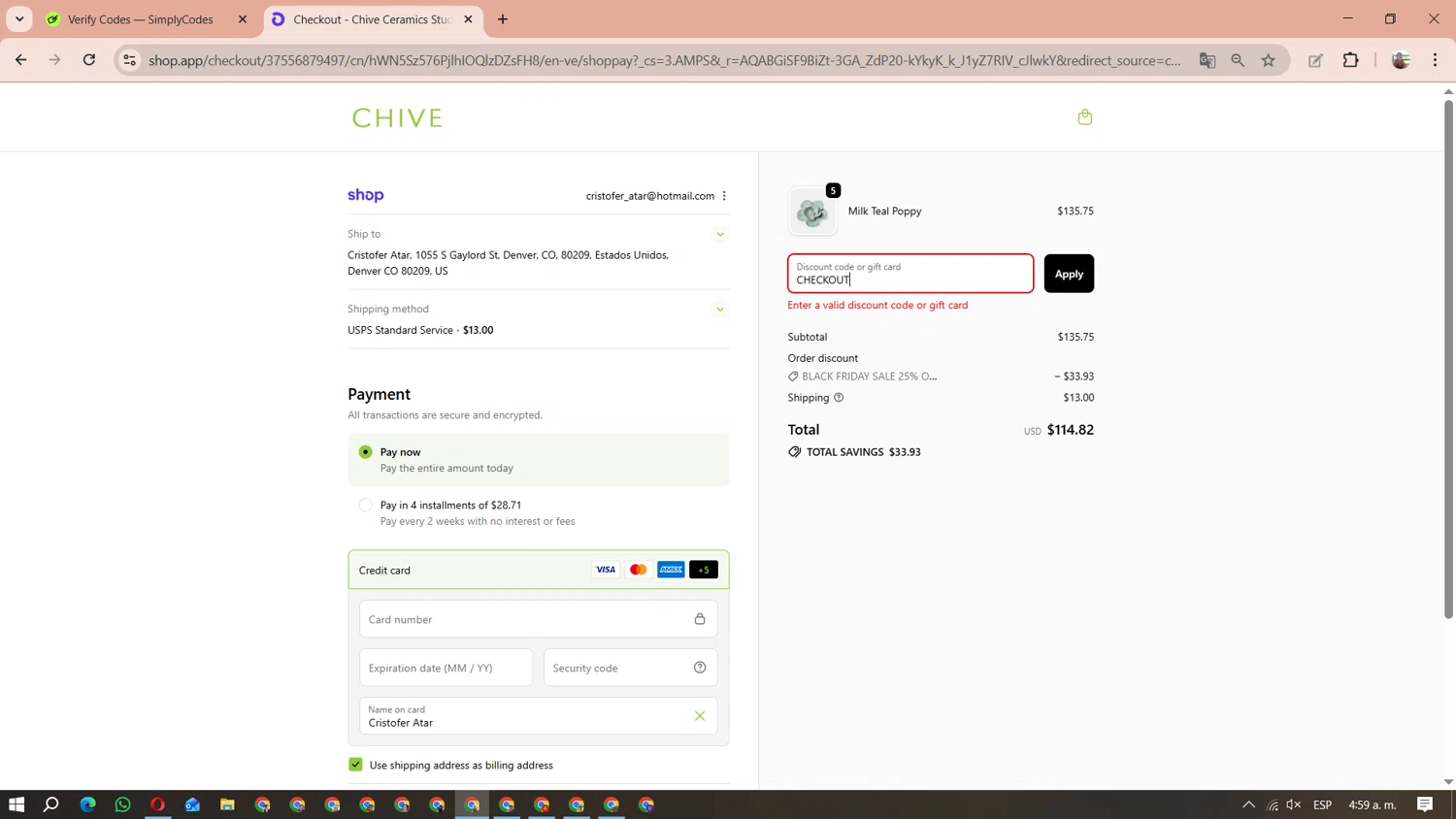 Chive promo code screenshot showing code CHECKOUT applied at Chive checkout page. Uploaded by SimplyCodes community member MariAPB on Nov 19, 2025