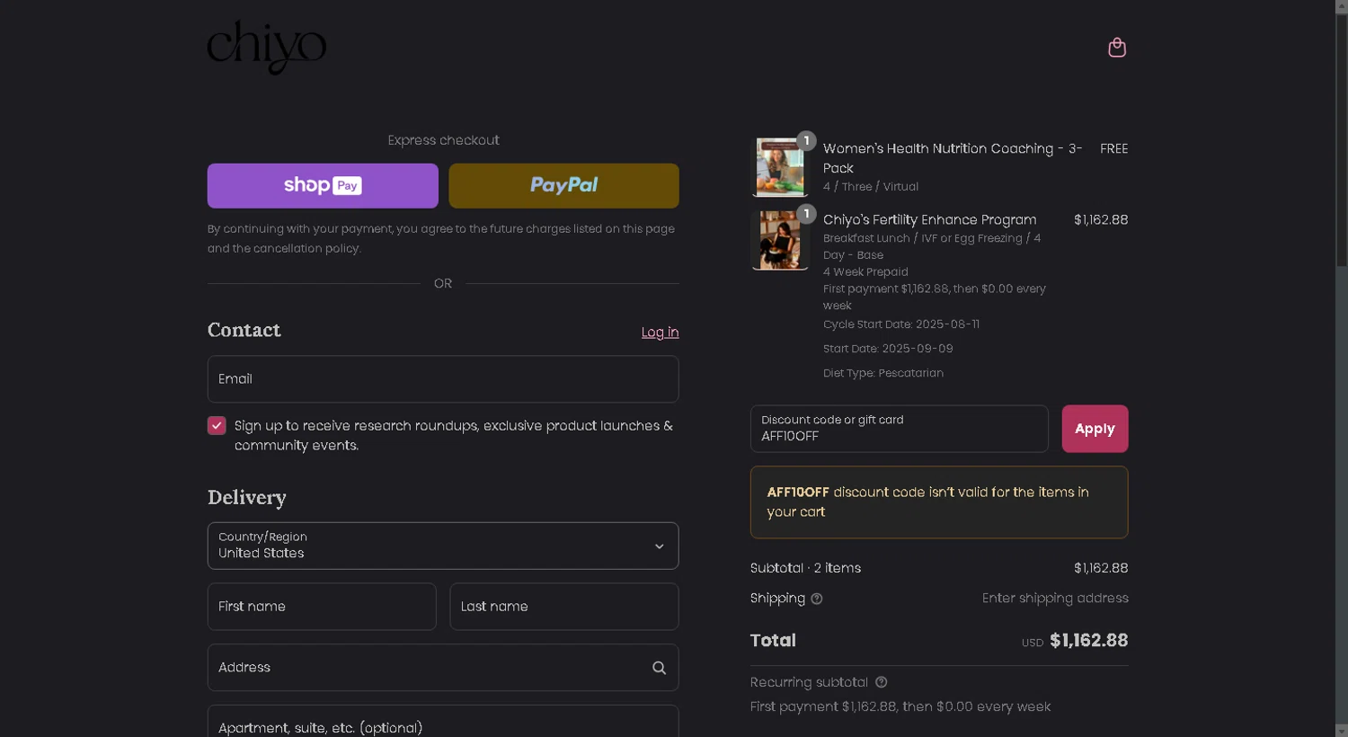 Chiyo discount code screenshot showing code AFF10OFF applied at Chiyo checkout page. Uploaded by SimplyCodes community member Parangutirimicuaro on Aug 27, 2025
