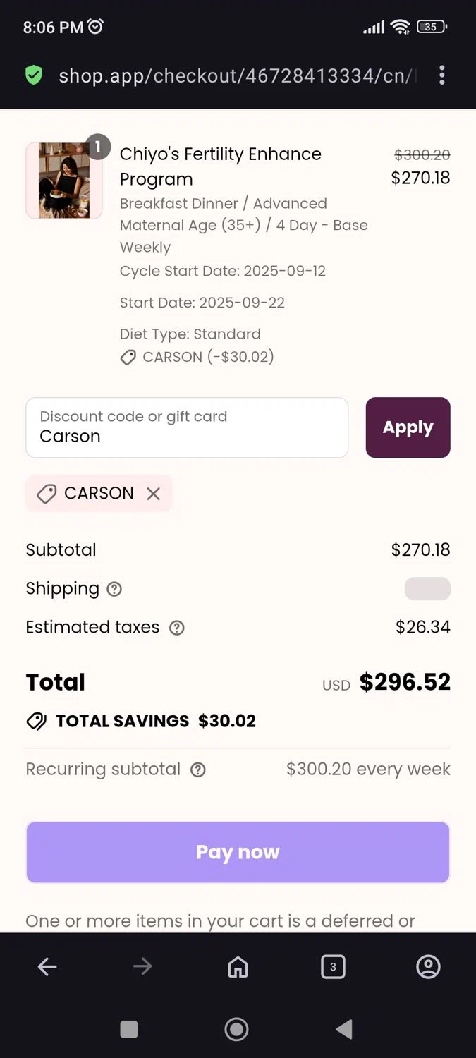 Chiyo discount code screenshot showing code Carson applied at Chiyo checkout page. Uploaded by SimplyCodes community member JulesCrnel on Sep 13, 2025