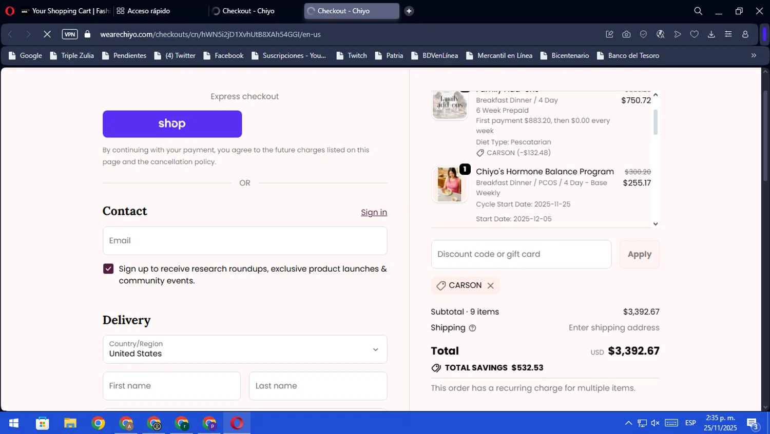 Chiyo discount code screenshot showing code Carson applied at Chiyo checkout page. Uploaded by SimplyCodes community member ScanFalcon6148 on Nov 25, 2025