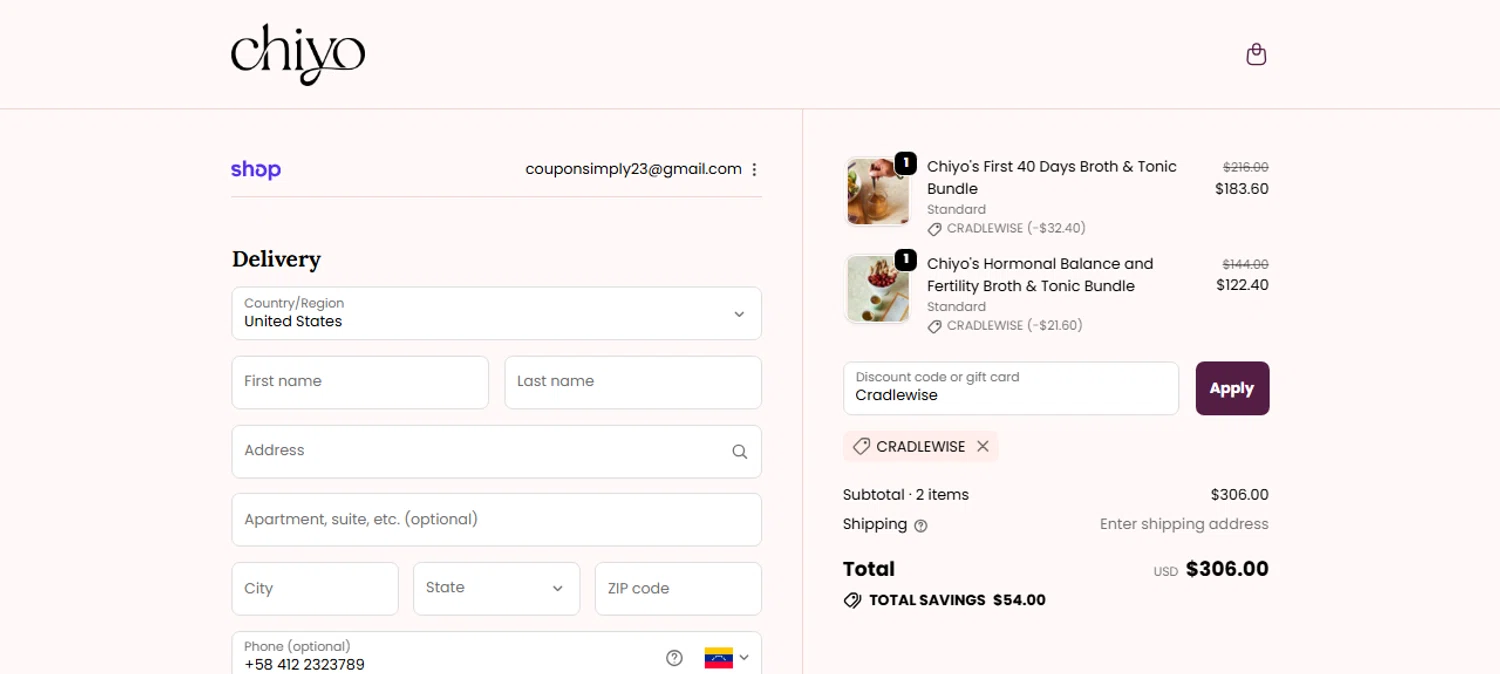 Chiyo discount code screenshot showing code Cradlewise applied at Chiyo checkout page. Uploaded by SimplyCodes community member IsabellaMillan on Nov 25, 2025