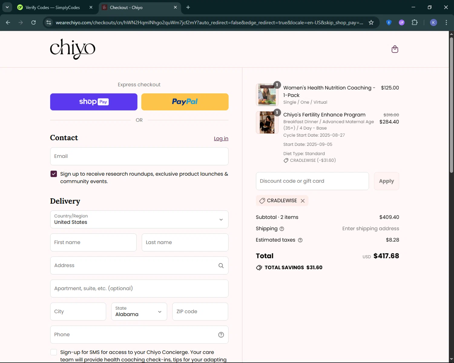 Chiyo discount code screenshot showing code Cradlewise applied at Chiyo checkout page. Uploaded by SimplyCodes community member KevLapage on Aug 27, 2025