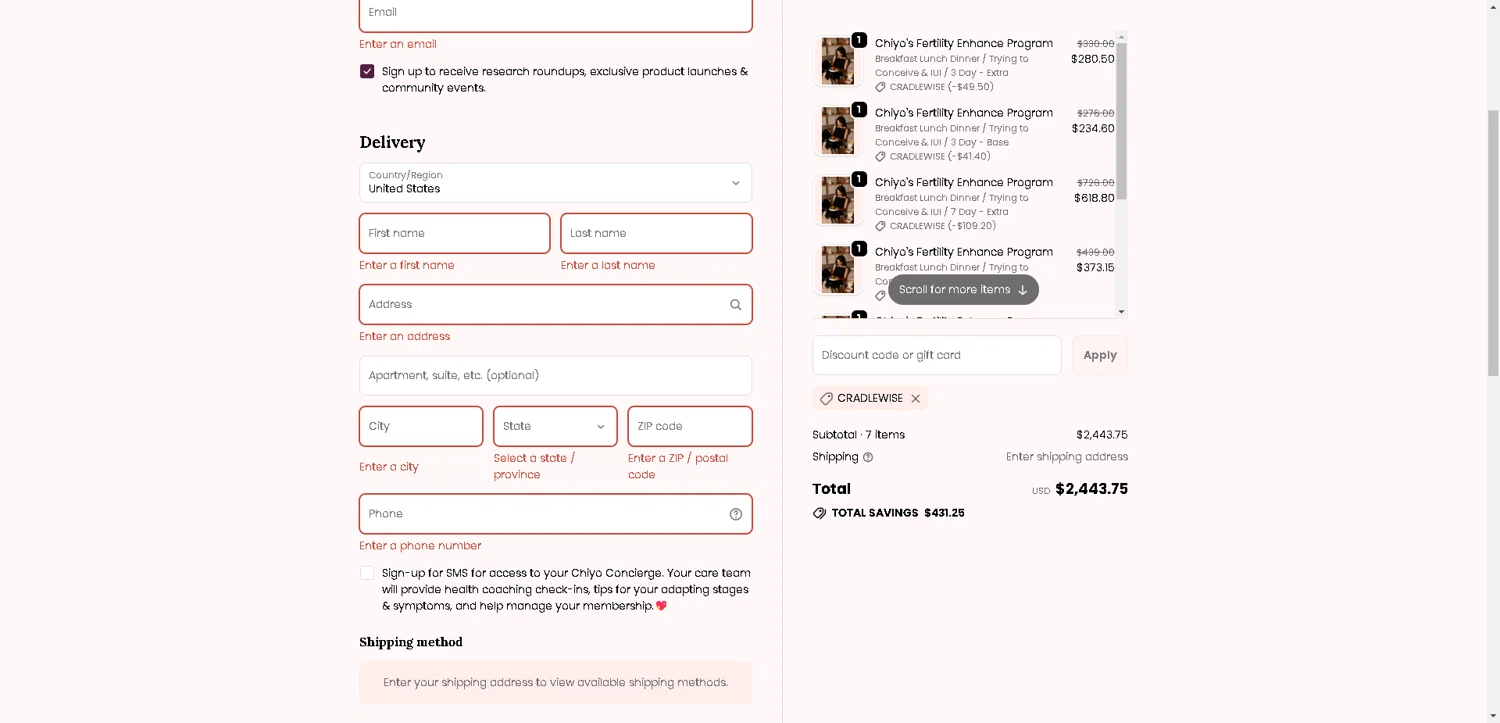 Chiyo discount code screenshot showing code Cradlewise applied at Chiyo checkout page. Uploaded by SimplyCodes community member aver_136263192 on Nov 25, 2025