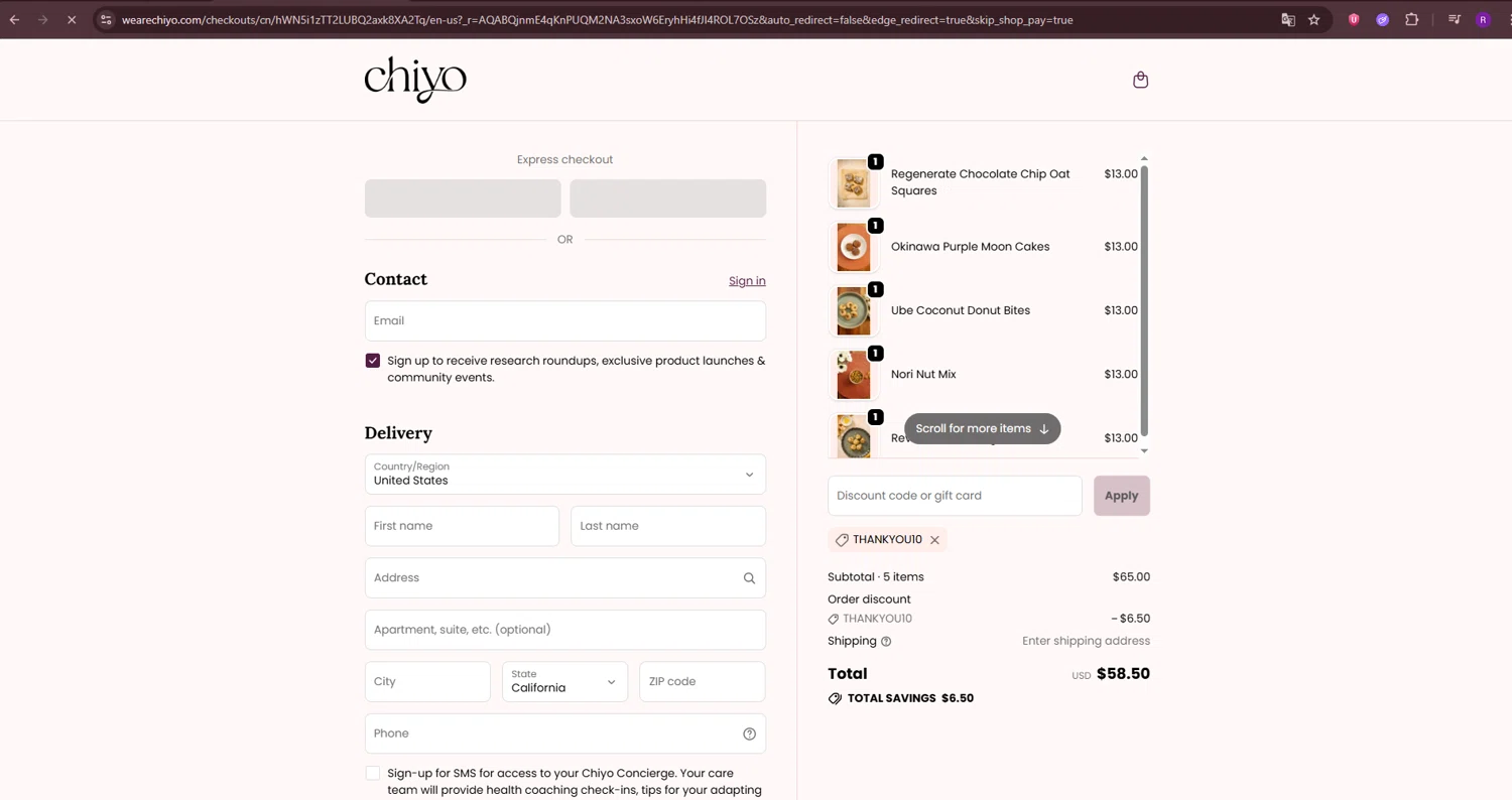 Chiyo discount code screenshot showing code THANKYOU10 applied at Chiyo checkout page. Uploaded by SimplyCodes community member ThriftySage9319 on Nov 25, 2025