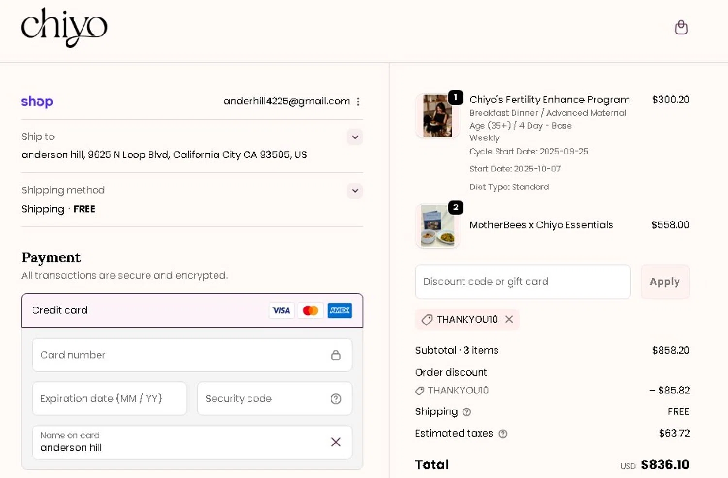 Chiyo discount code screenshot showing code THANKYOU10 applied at Chiyo checkout page. Uploaded by SimplyCodes community member Elcompa on Sep 25, 2025