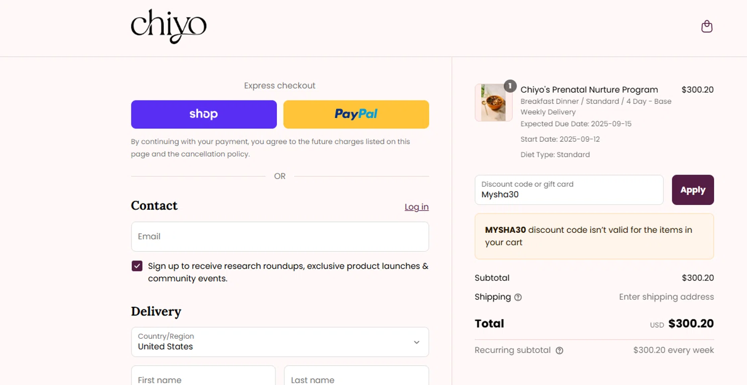 Chiyo discount code screenshot showing code Mysha30 applied at Chiyo checkout page. Uploaded by SimplyCodes community member ashe1986 on Sep 2, 2025