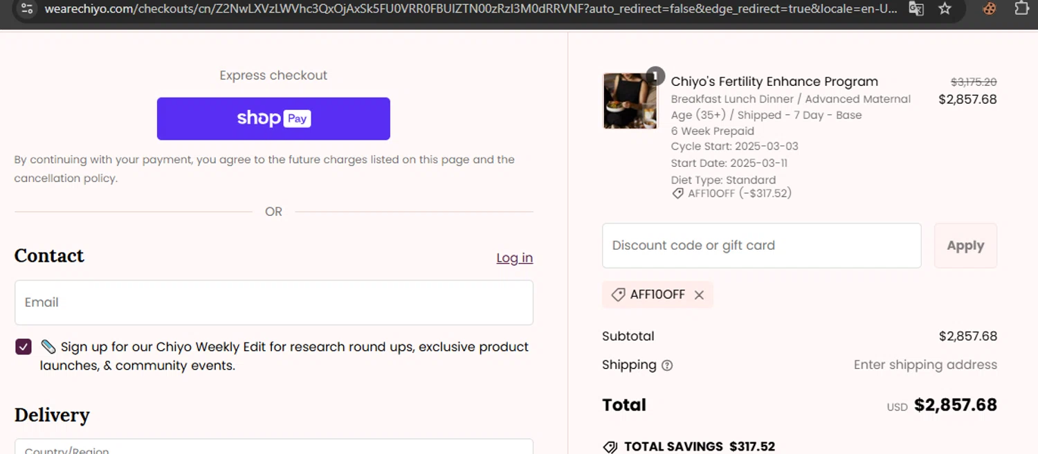 Chiyo discount code screenshot showing code AFF10OFF applied at Chiyo checkout page. Uploaded by SimplyCodes community member javierprez on Mar 3, 2025