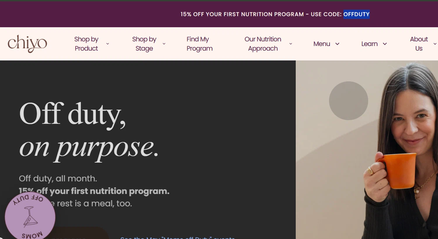Chiyo promo code screenshot showing code OFFDUTY applied at Chiyo checkout page. Uploaded by SimplyCodes community member josemiguelaponte on May 23, 2026