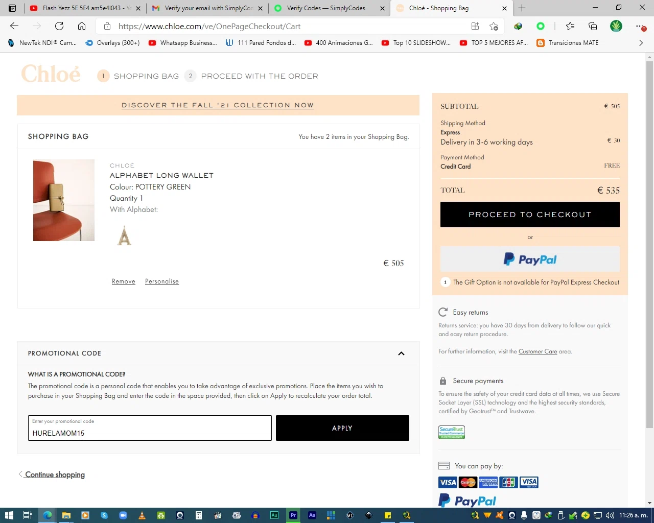 Chloé checkout page showing Chloé promo code box | Screenshot taken by SimplyCodes community member on May 10, 2021