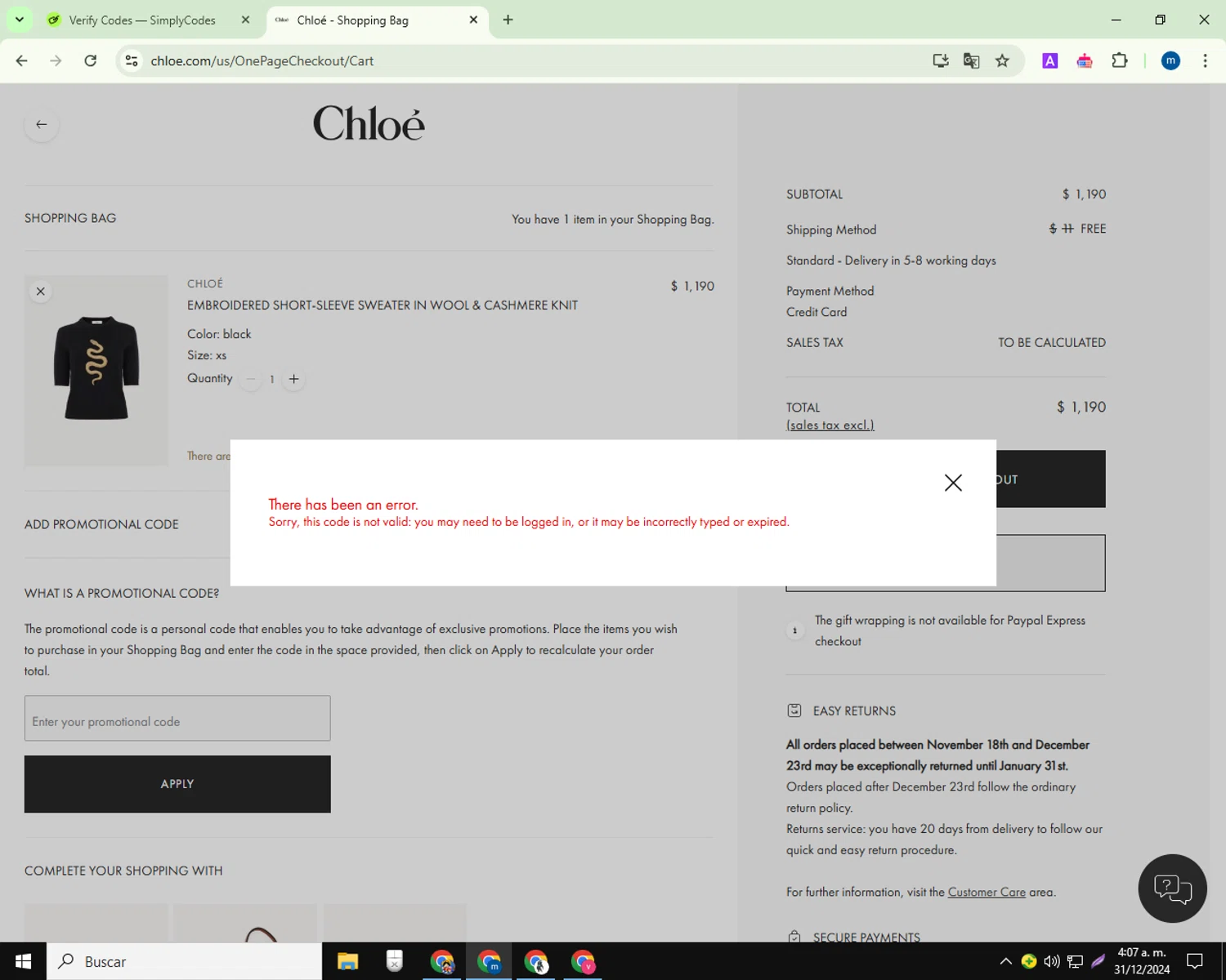 Chloé promo code screenshot showing code HURELA5 applied at Chloé checkout page. Uploaded by SimplyCodes community member ThriftyTitan4052 on Dec 31, 2024