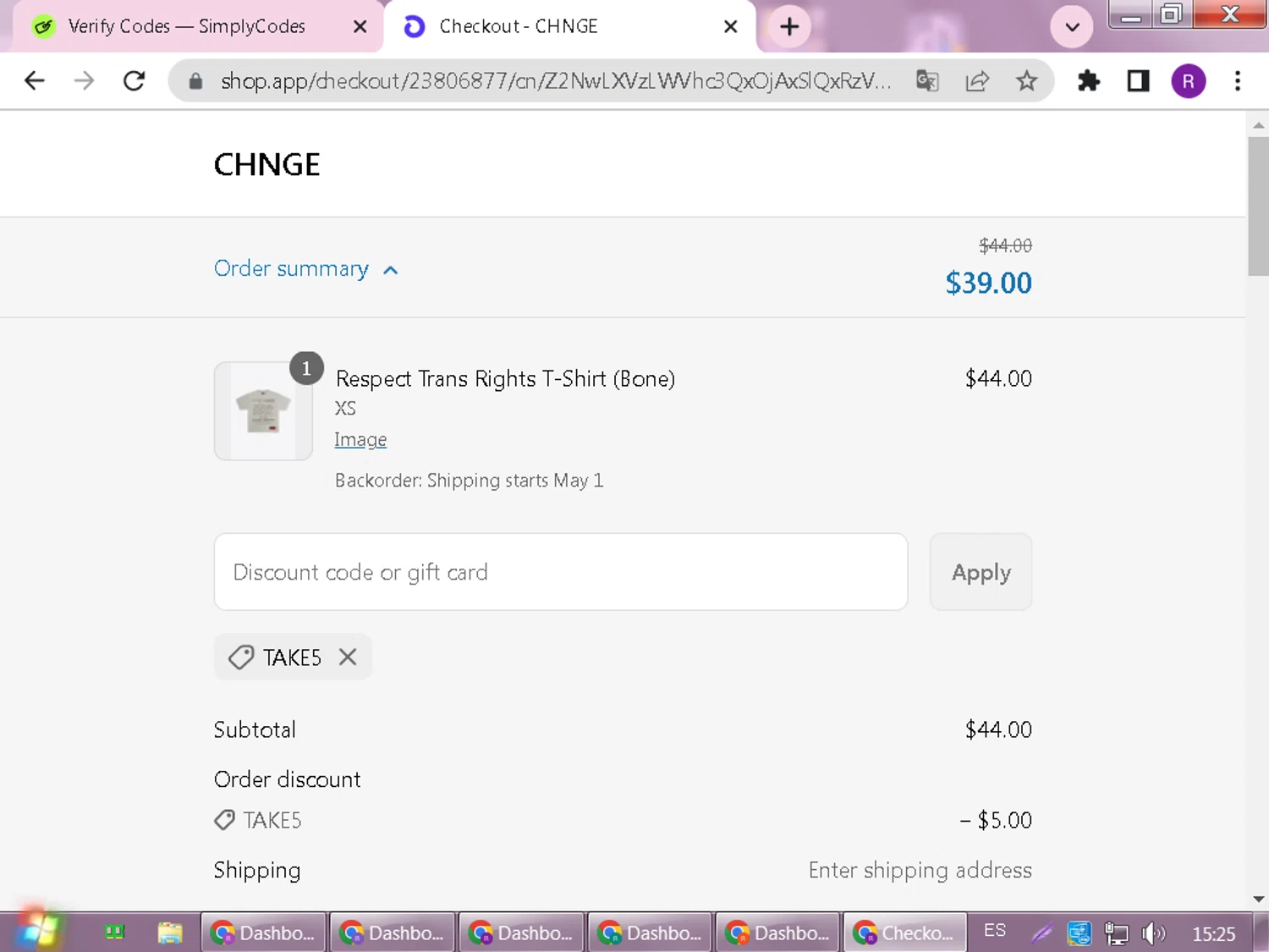 CHNGE discount code screenshot showing code TAKE5 applied at CHNGE checkout page. Uploaded by SimplyCodes community member DealFox7738 on Apr 29, 2025