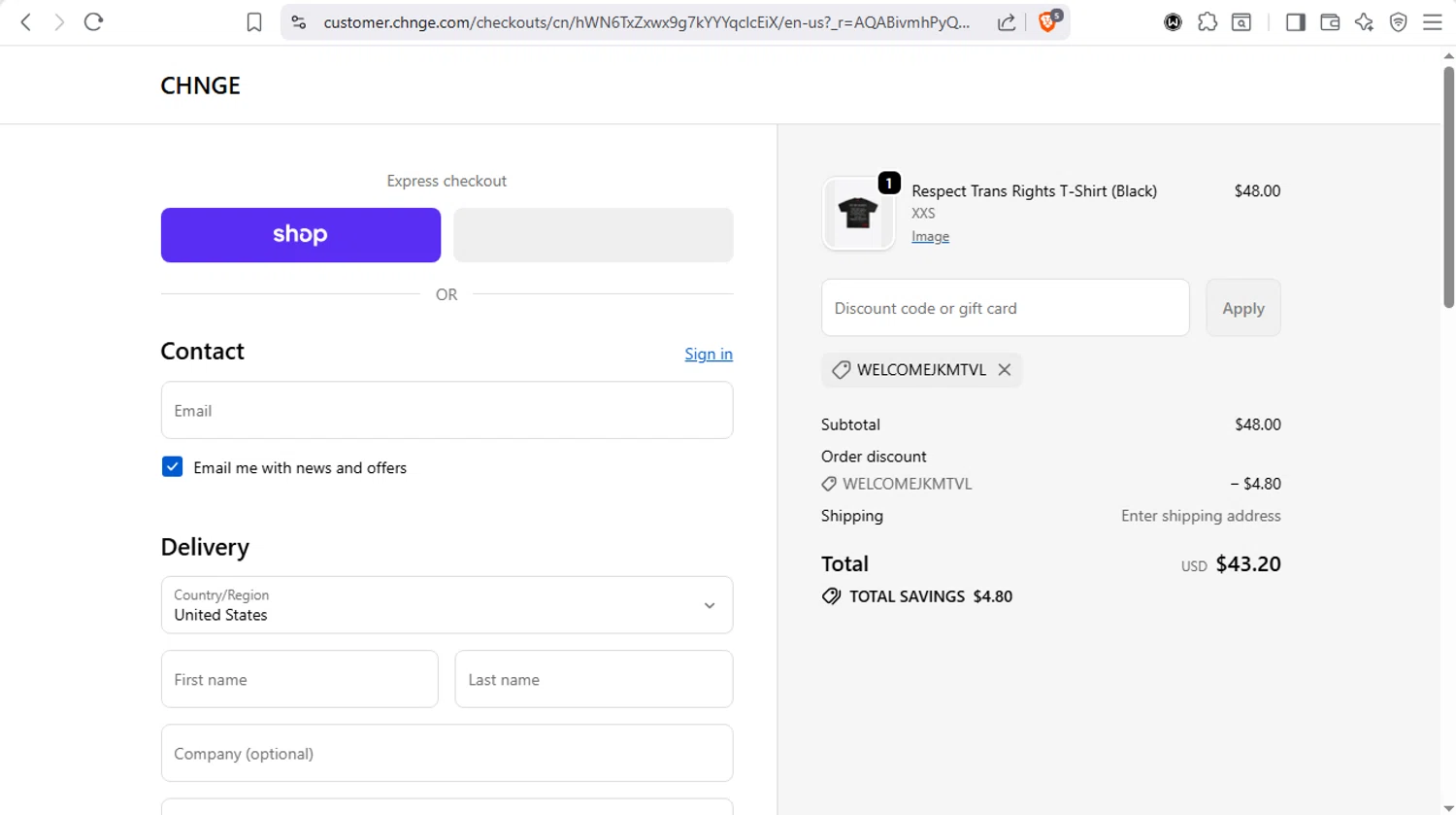 CHNGE discount code screenshot showing code WELCOMEJKMTVL applied at CHNGE checkout page. Uploaded by SimplyCodes community member dayselis15 on Dec 16, 2025